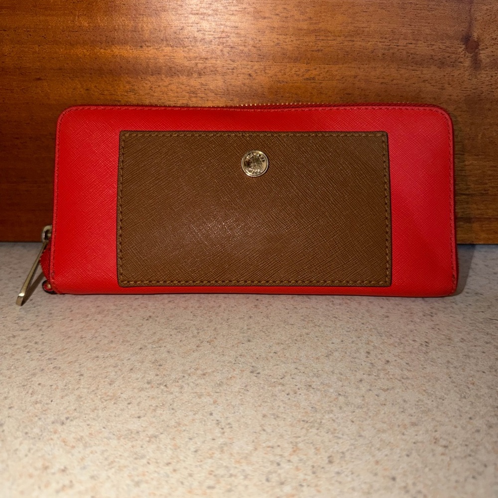 Michael Kors Coral and Brown Wallet with Gold Accent